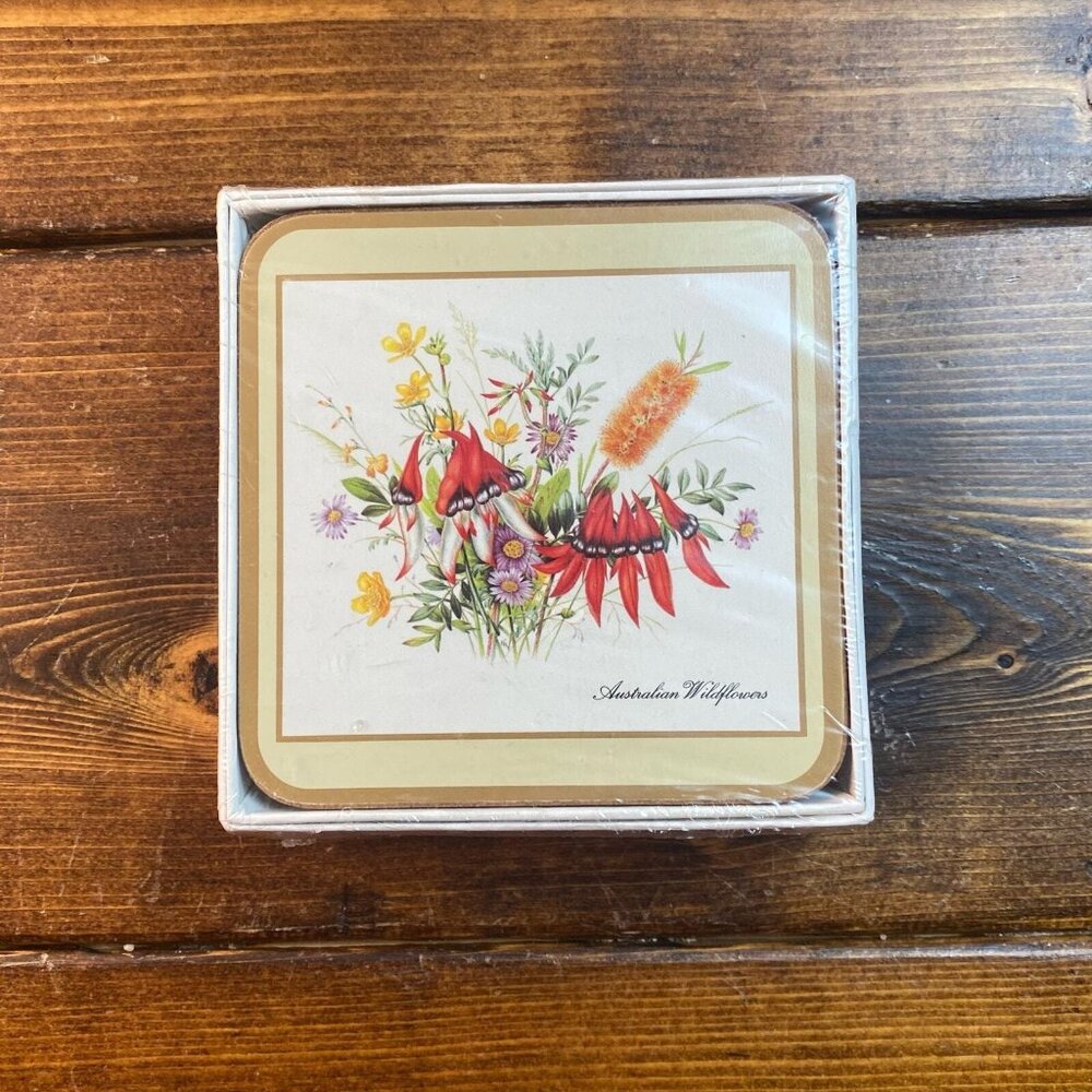 English Life Coaster Set Australian Wildflowers Cork Botanical
